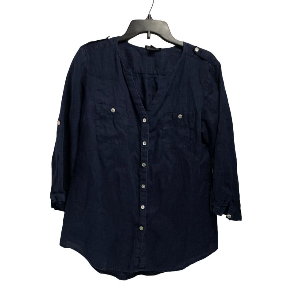 Go Silk Womens Size Large Navy Blue 3/4 Sleeve Button Up Shirt Top Roll Tab Slee
